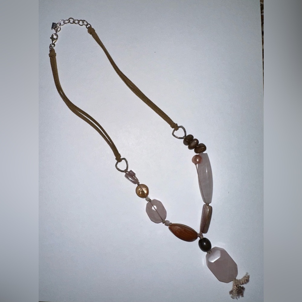 Silpada Necklace Rose Quartz, Shell, Wood, Leather, Sterling Silver N1424